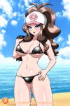  1girl 1girl 1girl alluring big_breasts big_breasts bikini blue_eyes blush brown_hair eye_contact female_only hat hilda hilda_(pokemon) human human_only long_hair looking_at_viewer nintendo pale-skinned_female pale_skin pokemon pokemon_bw ponytail thick_thighs thighs touko touko_(pokemon) wide_hips yensh 