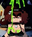  1girl big_eyebrows bra breasts cleavage femscrub goo heart-shaped_pupils looking_at_viewer minecraft slime talking_to_viewer tummy 