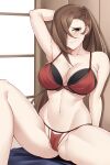  1girl 1girl 1girl alluring arms_up aslind_samure aslindsamure bare_legs big_breasts blush breasts brown_eyes brown_hair cleavage embarrassed eye_behind_hair female_only fire_emblem fire_emblem_fates kagero_(fire_emblem) panties ponytail red_panties underwear 