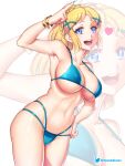  1girl :d alluring arm_up big_breasts bikini blonde_hair blue_bikini blue_eyes blue_nails braid collarbone crown_braid etchimune hand_on_own_hip looking_at_viewer nail_polish navel nintendo open_mouth parted_bangs princess_zelda short_hair smile swimsuit teeth the_legend_of_zelda the_legend_of_zelda:_tears_of_the_kingdom twitter_logo twitter_username upper_teeth_only wristlet zoom_layer 