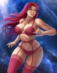  1girl 2020 5_fingers alien alien_girl alternate_version_available big_breasts bra breasts cleavage dc_comics eyebrows eyelashes female_only flowerxl green_eyes hair humanoid humanoid_hands lingerie long_hair older older_female panties pinup red_hair starfire stockings superheroine tamaranean teen_titans thick_thighs underwear wide_hips young_adult young_adult_female young_adult_woman 