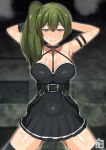  1girl 1girl armpits black_skirt breasts cum cum_on_body green_hair hair_ornament legs_apart long_hair medium_breasts medium_hair miniskirt pervert pervert_female sex_invitation sexually_suggestive skirt solo_focus sousou_no_frieren ubel_(sousou_no_frieren) 