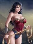  1girl black_hair blue_eyes breasts cleavage dc_comics diana_prince female_only flowerxl lasso_of_truth light-skinned_female light_skin looking_at_viewer pinup wonder_woman wonder_woman_(series) 