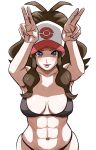  1girl abs alluring areola_slip arms_up athletic_female baseball_cap bikini black_bikini blue_eyes blush breasts brown_hair cleavage creatures_(company) female_abs fit_female game_freak hat hilda hilda_(pokemon) long_hair looking_at_viewer medium_breasts nakaba nintendo open_mouth pokemon pokemon_bw ponytail smile swimsuit touko touko_(pokemon) v 