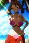 1girl ai_generated alluring beach big_breasts bikini blue_eyes blush breasts brown_hair creatures_(company) female_focus game_freak haruka_(pokemon) looking_at_viewer may may_(pokemon) mayday_(artist) navel nintendo novelai one_eye_closed palm_tree pokemon_(anime)