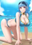 1girl 1girl alluring alternate_costume alternate_hairstyle ass big_breasts bikini blue_bikini blue_hair blue_swimsuit breasts brown_eyes fire_emblem fire_emblem:_three_houses fire_emblem_heroes fire_emblem_warriors:_three_hopes high_res kaos_art kneel light-skinned_female light_blue_hair light_skin long_hair marianne_von_edmund marianne_von_edmund_(summer) nintendo official_alternate_costume official_alternate_hairstyle pink_eyes swimsuit