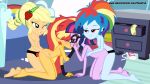  applejack equestria_girls foursome my_little_pony older older_female ponetan rainbow_dash sci-twi straight strap-on sunset_shimmer young_adult young_adult_female young_adult_woman 