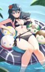  1girl 1girl alluring alternate_costume beachball bikini black_swimsuit blue_eyes byleth_(fire_emblem) byleth_(fire_emblem)_(female) byleth_(summer)_(fire_emblem)_(female) fire_emblem fire_emblem:_three_houses floatie floating knife leaf leaves looking_at_viewer nintendo official_alternate_costume swimsuit tarutaru193 teal_hair water 