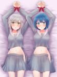  2_girls bed blue_eyes blue_hair blush dizzy gray_hair green_eyes hiding_pussy hinomori_shiho kiritani_haruka project_sekai school_uniform sweatdrop tied_hands yuri 