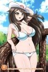 1girl 1girl alluring big_breasts blue_bra blue_panties blue_underwear bra brown_eyes brown_hair brown_hair_female game_freak green_(pokemon) leaf_(pokemon) nintendo outdoor outside outside panties pokemon pokemon_rgby underwear yensh