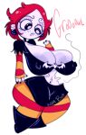 1girl big_ass big_breasts earrings goth goth_girl growling_belly nail_polish post_vore ruby_gloom ruby_gloom_(character) stomach_noises striped_armwear striped_legwear wide_hips