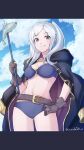  1girl 1girl 1girl alluring bra cloak fire_emblem fire_emblem_awakening fire_emblem_heroes gloves grimmelsdathird hand_on_hip panties purple_eyes robin_(female)_(summer)_(fire_emblem) robin_(fire_emblem) robin_(fire_emblem)_(female) robin_(summer)_(fire_emblem)_(female) smile swimsuit white_hair 