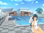  1girl alluring bare_legs big_breasts blue_eyes blue_hair dawn dawn_(pokemon) fallere825 naked_from_the_waist_down outside pokemon pokemon_(anime) pokemon_dppt shirt_only sunshine swimming_pool 