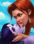 1girl 2_girls cum cum_on_tongue cum_swap dc_comics evulchibi female_only looking_at_viewer open_mouth raven_(dc) starfire teen_titans tongue tongue_out yuri