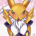 1girl 1girl anthro blue_eyes blush breasts canid canine digimon digimon_(species) fur furry gif looking_at_viewer low_res mammal rabbitsrapid renamon white_body white_fur yellow_body yellow_fur