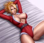 1girl absurd_res bed belt big_breasts blizzard_entertainment blonde_hair blue_eyes breasts christmas cleavage dress female_focus female_only flowerxl hands_behind high_res looking_at_viewer lying lying_on_bed mercy_(overwatch) on_back overwatch ponytail santa_costume santa_dress sideboob smile stockings toned video_game_character