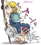 1girl ambiguous_fluids anal anal_insertion blonde_hair blush braid censored creature_inside dungeon_meshi elf green_eyes marcille marushiru object_insertion parasite peeing pointy_ears spitting squatting staff tonda twin_braids worm x-ray