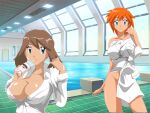  2_girls alluring bare_legs blue_eyes brown_hair cleavage drinking_milk fallere825 may may_(pokemon) milk_carton misty misty_(pokemon) naked_from_the_waist_down nintendo orange_hair pokemon pokemon_(anime) pokemon_frlg pokemon_gsc pokemon_hgss pokemon_rgby pokemon_rse shirt_only shirt_tied_around_waist straw swimming_pool wink 