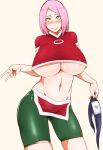 beige_skin big_breasts breasts erect_nipples female green_eyes naruto nipples pink_hair sakura_haruno smile solo sunahara_wataru underboob v