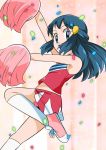 1girl alternate_costume bare_arms blue_eyes blue_hair cheerleader cheerleader_outfit cheerleader_uniform clothed dawn dawn_(pokemon) female female_human female_only hainchu hikari_(pokemon) human looking_at_viewer open_mouth pokemon pom_poms skirt sleeveless socks solo white_socks