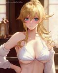 1female 1girl 2022 alluring azto_dio big_breasts blonde_hair blue_eyes erect_nipples genshin_impact high_resolution jean_gunnhildr looking_at_viewer nipple_bulge ponytail upper_body