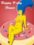 1girl blue_hair donut high_heels hips legs looking_at_viewer marge_simpson milf nude pasties pervyangel sexy sitting slut sprinkles text the_simpsons thighs yellow_skin