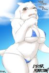  1girl 2d 2d_(artwork) anthro anthro_only bikini bikini_bottom bikini_top blue_bikini blue_bikini_bottom blue_bikini_top blush breasts cameltoe caprine clothed clothing digital_media_(artwork) female_only fur furry goat horn japanese_text mammal monster nipple_bulge skimpy sky text toriel undertale undertale_(series) video_games yukaran_nosuke 