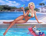 1boy 1girl bikini blonde blonde_hair blue_eyes braid braided_hair elsa elsa_(frozen) female female_human frozen_(movie) human light-skinned_female long_blonde_hair long_hair looking_at_viewer lying male mostly_nude olaf outdoor outside pool royalty rzhevskii single_braid swimming_pool swimsuit