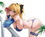  1girl alluring ass bikini blonde_hair blue_eyes coca-cola cute genshin_impact jean_gunnhildr jean_gunnhildr_(sea_breeze_dandelion) leaves ribbon 