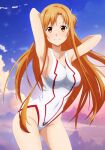 1girl 1girl alluring asuna_(sao) bare_legs beach big_breasts blonde_hair breasts ocean posing shugo19 sword_art_online yuuki_asuna