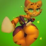  1girl 1girl 2016 anthro ass big_ass breasts cat cat_starfire claws clothed clothing clothing_lift colored digital_media_(artwork) eyebrows eyelashes feline fur furry green_background green_eyes green_sclera half-closed_eyes high_res humanoid long_tail looking_at_viewer looking_back low_res mammal open_mouth orange_fur panties penetration raised_eyebrow rear_view simple_background skirt skirt_lift slit_pupils smile starfire stripes teen_titans thick_thighs tiger underwear upskirt vimhomeless white_fur wide_hips 