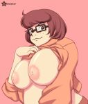 1girl big_breasts breasts brown_eyes brown_hair brunette expose female_only freckles glasses huge_breasts nipples scooby-doo shirt_lift short_hair smile sweater_lift utilizator velma_dinkley