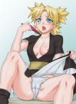 1girl blonde_hair blush breasts cameltoe cleavage fan folding_fan naruto nipple_slip nipples okiyumi_kase panties solo spread_legs temari underwear