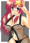 1girl :d bare_shoulders black_panties blue_eyes blush breasts cleavage gundam gundam_seed gundam_seed_destiny hair_ornament kizaki_yuuri large_breasts lingerie meer_campbell navel nipples open_mouth panties pink_hair see-through smile solo star star_hair_ornament underwear