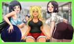 3_girls 3girls anime ass ass_grab big_ass big_breasts breasts breath clothing dumbbell dumbbell_nan_kilo_moteru? female_only gym_clothes gym_shorts nipple_bulge sakura_hibiki sano-br souryuuin_akemi tachibana_satomi workout