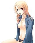 1girl black_panties blonde_hair breasts earrings fullmetal_alchemist hair_down jewelry long_hair military military_uniform mitsuki_(artist) motomiya_mitsuki mouth_hold nipples no_bra open_clothes open_shirt panties red_eyes riza_hawkeye shirt sitting solo underwear uniform