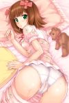  amami_haruka ass bed bow brown_hair cameltoe from_above green_eyes hair_bow haruka_amami hidebou idolmaster looking_back looking_up pajamas panties pants_pull pillow pink plush pussy_juice pussy_juice_drip pussy_juice_stain short_hair solo stuffed_animal stuffed_toy teddy_bear top-down_bottom-up trefoil underwear wet wet_clothes wet_panties white_panties 