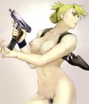 1girl armpit_holster blonde_hair breasts brown_eyes earrings fullmetal_alchemist get gun hair handgun highres holster jewelry lipstick locked_slide magazine_(weapon) mature navel nipples nude photoshop pistol pubic_hair pussy reloading riza_hawkeye semiautomatic solo trigger_discipline weapon