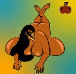  1girl big_breasts big_nipples black_hair egypt egyptian egyptian_eyeliner egyptian_female egyptian_queen farah_(legend_of_queen_opala) green_eyes huge_breasts laying_down legend_of_queen_opala long_hair milf newdityartz squeezing_breast tongue yellow_lipstick 