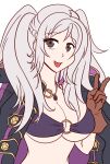  1girl 1girl alluring alternate_costume bare_midriff big_breasts bikini brown_eyes cleavage fire_emblem fire_emblem_awakening fire_emblem_heroes gloves looking_at_viewer nintendo o-ring open_mouth open_smile purple_bikini purple_swimsuit robin_(fire_emblem) robin_(fire_emblem)_(female) robin_(summer)_(fire_emblem)_(female) smile solo_female swimsuit under_boob v willanator 