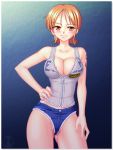  1girl :&gt; areolae bare_shoulders blush breasts bursting_breasts cleavage collarbone denim denim_shorts hanazuka_ryouji hand_on_hip midriff nami one_piece open_zipper orange_eyes orange_hair pubic_hair short_shorts smile solo standing sweat tattoo thighs 