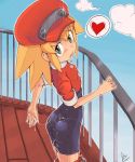 ass bike_shorts blonde_hair blush capcom cum cum_on_ass cum_on_body cum_on_clothes cum_on_lower_body flat_chest green_eyes hat heart levo looking_back md5_mismatch mega_man_legends open_mouth rockman rockman_dash roll_caskett short_hair spandex