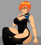 1girl 1girl ben_10 big_breasts breasts cartoon_network donchibi female_focus female_only future_gwen_tennyson green_eyes gwen_tennyson orange_hair short_hair sitting thick_thighs wide_hips