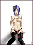  1girl blue_eyes blue_hair breasts covering_breasts female_only hair_ornament konan mag-nit nail_polish naruto tanga thighhighs topless topless_female white_background 