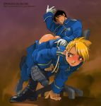  1boy 1girl aiguillette angry ass badass bdsm black_hair blonde_hair blush boots brown_eyes butt_crack chair folded_ponytail fullmetal_alchemist gloves military military_uniform naughty panties pants_down pants_pull panty_down panty_pull riza_hawkeye roy_mustang shibata_masahiro spanked spanking underwear uniform web_address web_address_with_path 