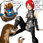  beast_wars blush crossover dino_crisis dinobot english nipples panties raptor red_eyes red_hair regina skin_tight torn_clothes transformers you_gonna_get_raped 