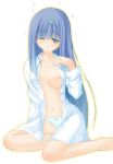  1girl blue_hair blue_panties breasts elemental_gelade erementar_gerad kneeling long_hair navel nipples open_clothes open_shirt panties ren reverie_metherlence shirt sitting solo underwear wince 