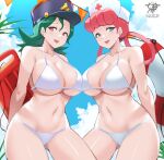  1girl 2_girls absurd_res alluring alternate_costume artist_name big_breasts bikini blue_eyes blue_headwear blue_sky bodyboard brown_eyes cleavage collarbone commentary creatures_(company) day english_commentary game_freak green_hair hair_rings hat high_res holding holding_swim_ring innertube jenny_(pokemon) joy_(pokemon) kaos_art lips lipstick makeup multiple_girls navel nintendo nurse_cap nurse_joy officer_jenny open_mouth outside pink_hair pink_lips pokemon pokemon_(anime) pokemon_(classic_anime) police_hat sky smile swim_ring swimsuit white_bikini white_headwear 