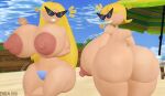  2_girls 3d 3d_model 3d_render back_view beach beach_umbrella blonde_hair chocovenus_(body_type) dra111_(artist) dragon316 front_view grin huge_areolae huge_ass huge_breasts knick_knack long_hair massive_breasts short_hair smile source_filmmaker sunglasses sunny_miami topless venus_body 