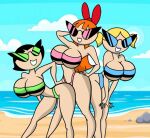  1girl aged_up armpits bikini bimbofication blossom_(powerpuff_girls) bubbles_(powerpuff_girls) buttercup_(powerpuff_girls) doll dollification huge_ass huge_breasts implied_transformation knick_knack permanent_smile powerpuff_girls sunglasses sunnification takeover thick_thighs transformation 